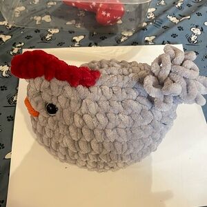 9” long hand crochet gray Chicken plushy